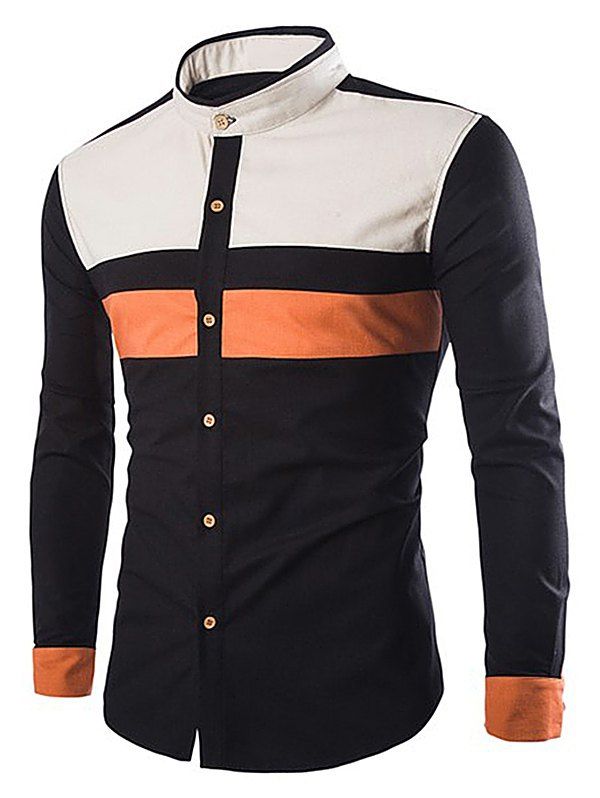 

Color Block Panel Button Up Long Sleeve Shirt, Black