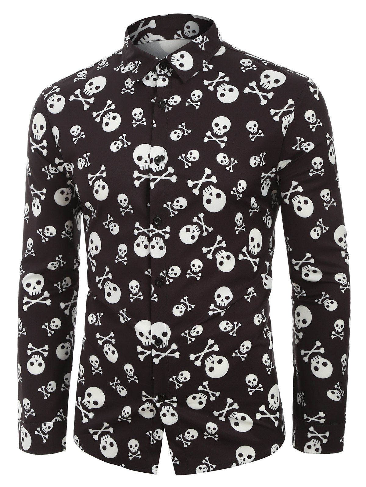 

Halloween Crossbone Skull Allover Print Button Shirt, Black