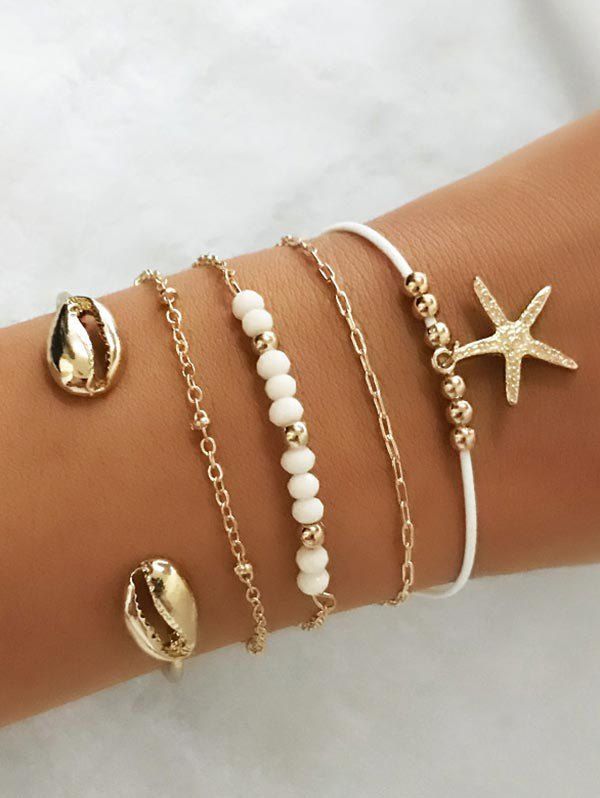 

5PCS Metal Shell Starfish Charm Bracelets, Gold