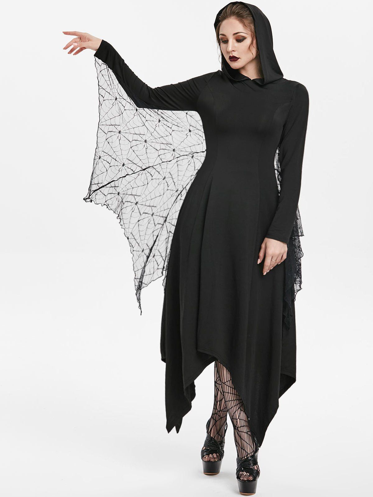 

Halloween Handkerchief Hooded Gothic Dress With Bat Wings, Black