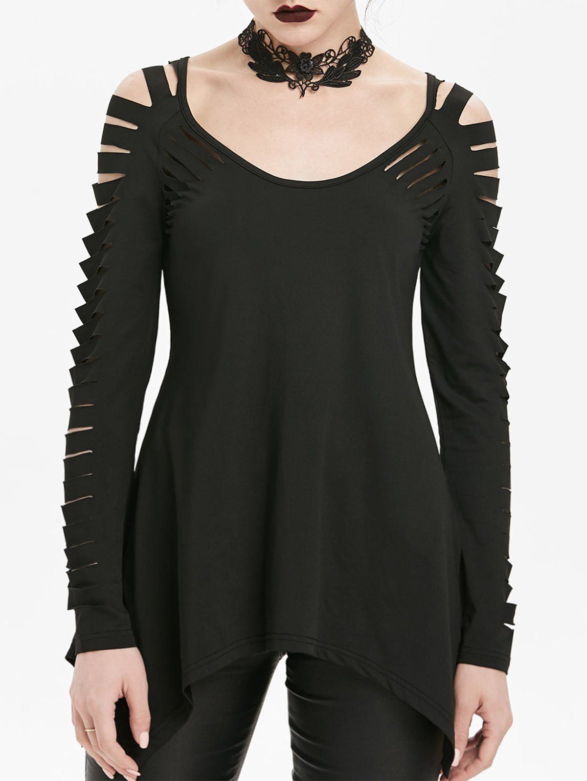 

Solid Asymmetrical Lattice Gothic T Shirt, Black