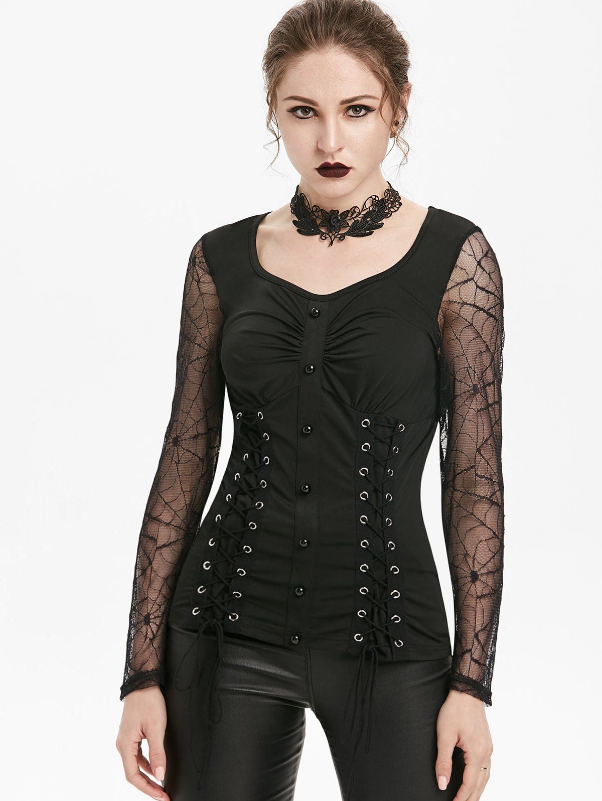 [47% OFF] See Thru Lace Up Rings Gothic Halloween T Shirt | Rosegal