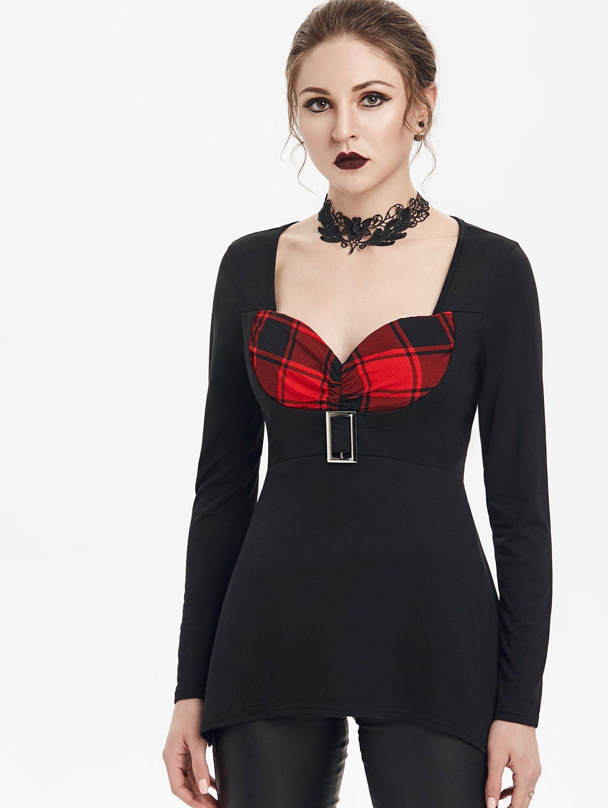 

Plaid Panel Sweetheart Long Sleeve T-shirt, Red wine