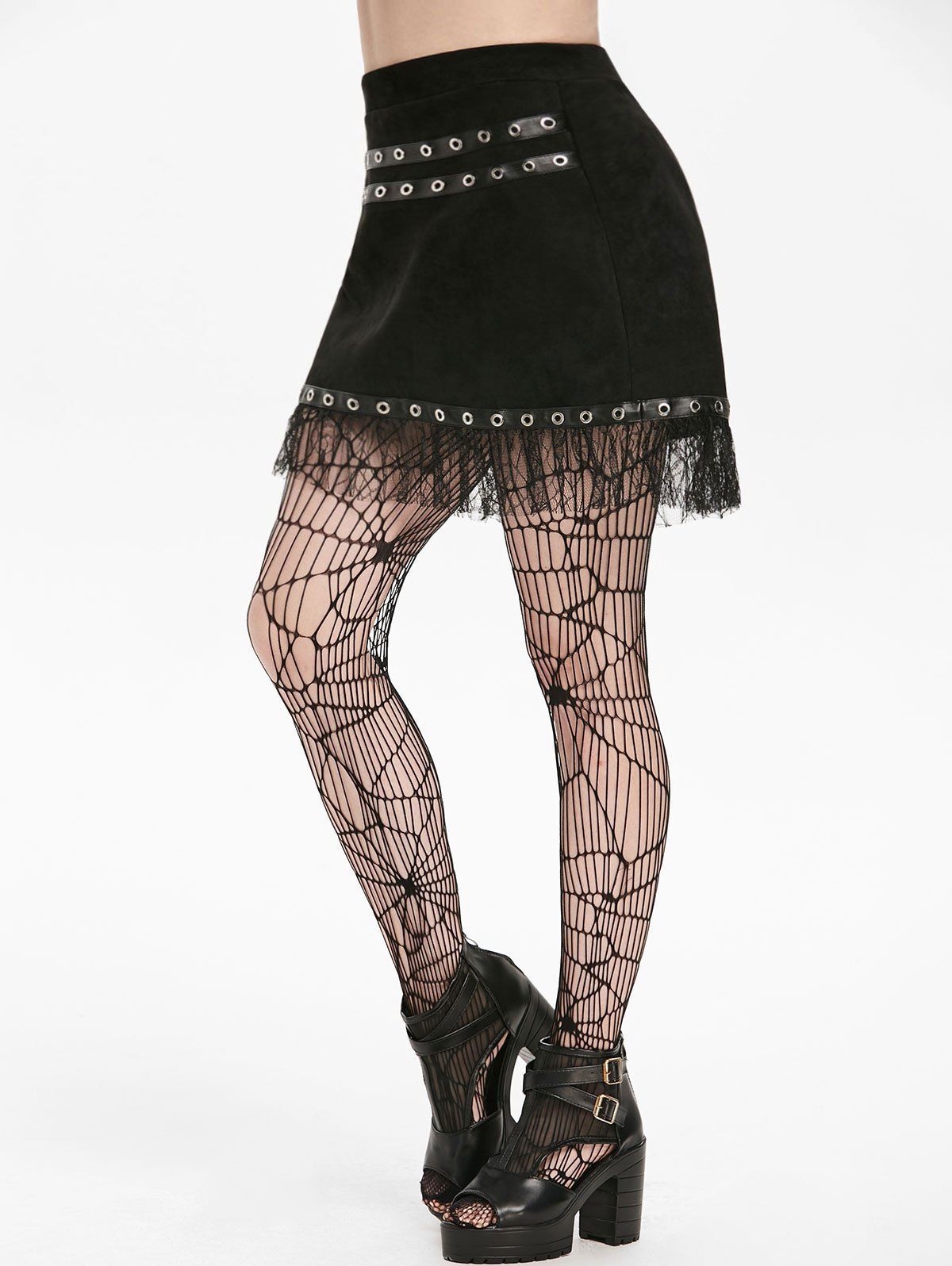 

Lace PU Panel Grommet Mini Skirt, Black