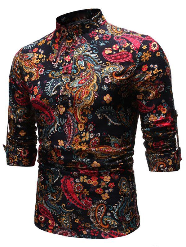 

Paisley Printed Half-button Long Sleeves Shirt, Black