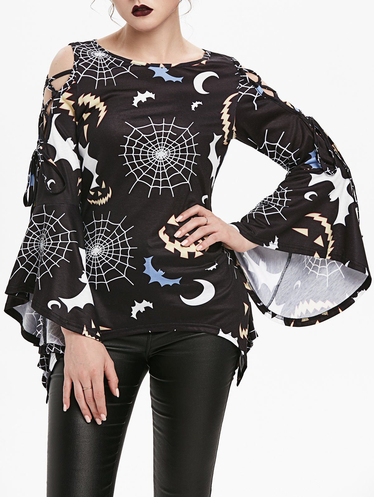 

Flare Sleeves Cobweb Bat Asymmetric Halloween Tee, Black