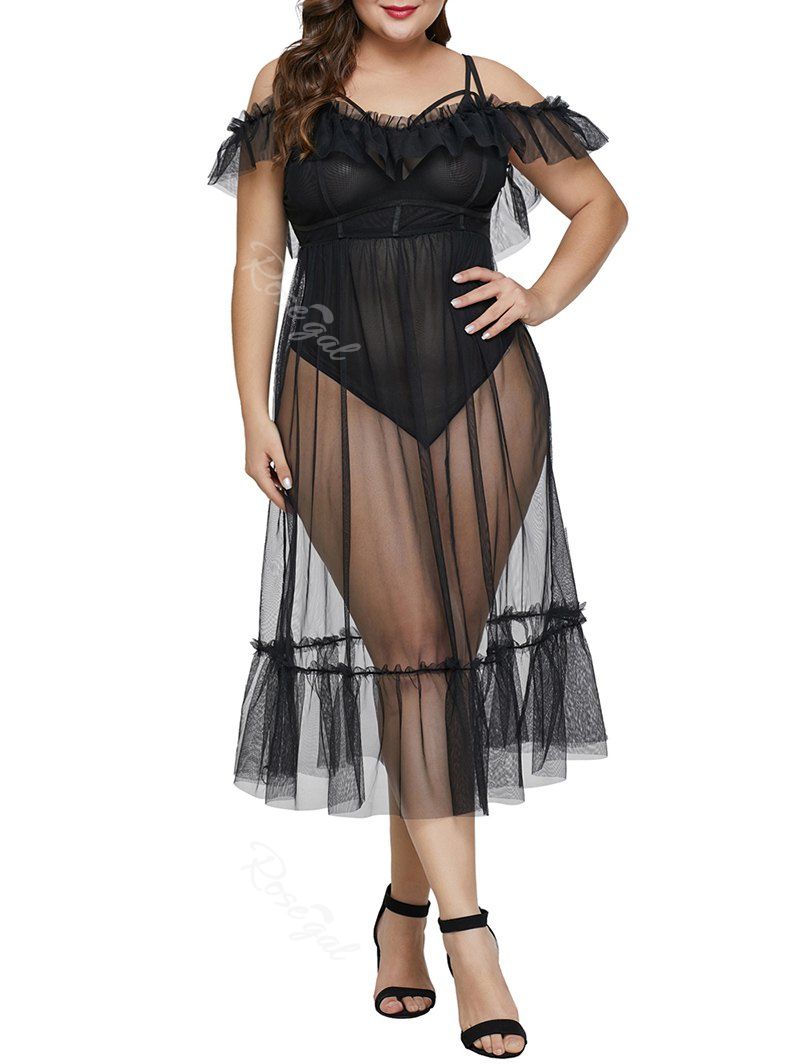 

Sheer Mesh Harness Lingerie Teddy With Tulle Nightgown, Black