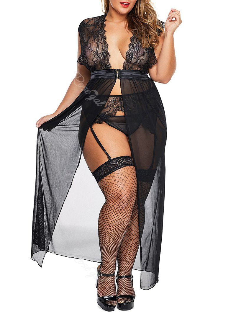 

T Back Garter Sheer Mesh Lace Panel Lingerie Nightgown, Black