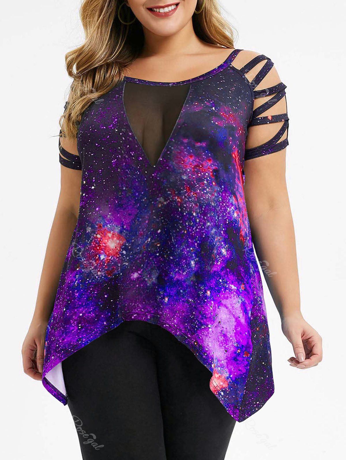 

Plus Size Mesh Insert Galaxy Ladder Cut T-shirt, Multi-b