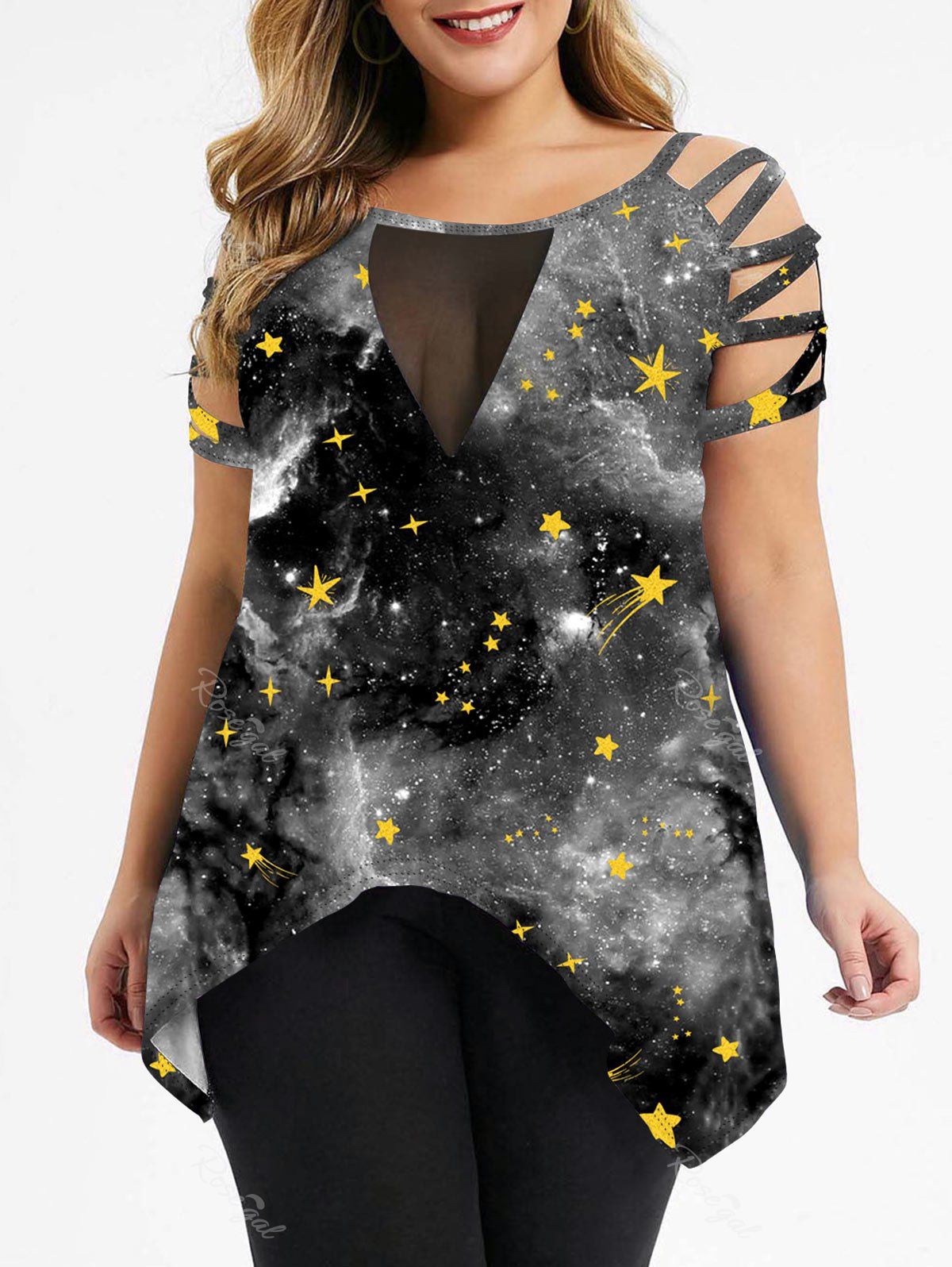 

Plus Size Mesh Insert Galaxy Ladder Cut T-shirt, Multi-d