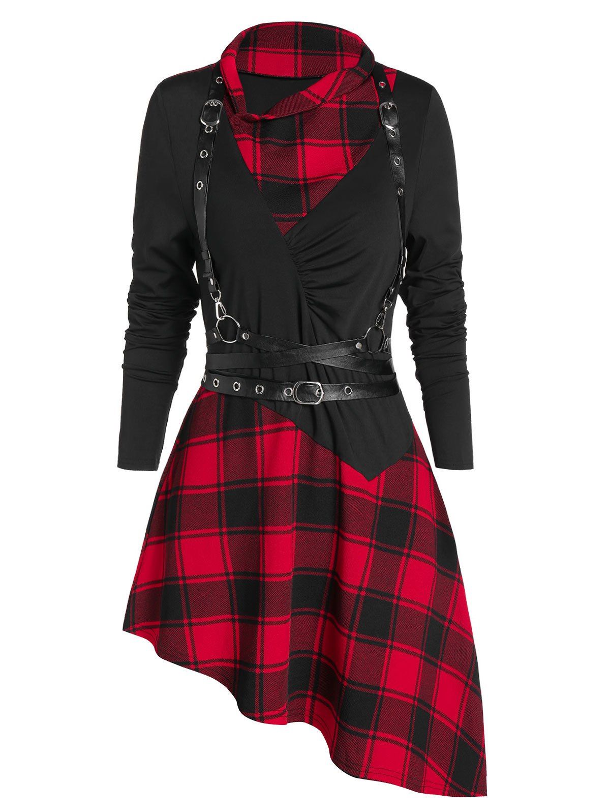 

Plaid Print Long Sleeve Asymmetric Gothic Dress with Faux Leather Harness, Black
