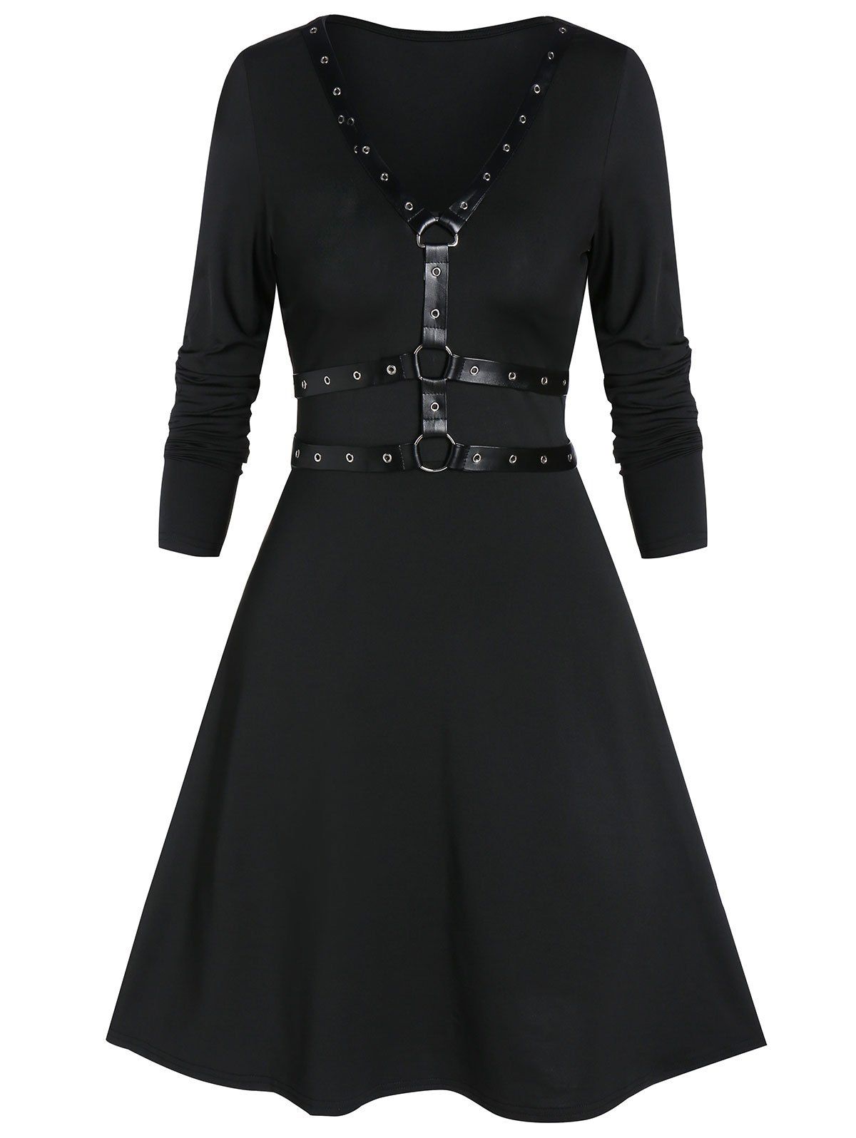 

Fit And Flare Long Sleeve Plunge Gothic Dress, Black