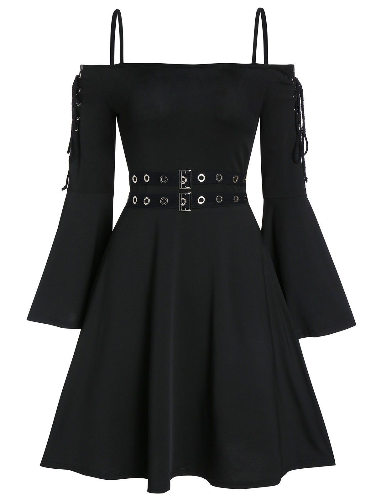 

Lace Up Open Shoulder Spaghetti Strap Gothic Dress, Black