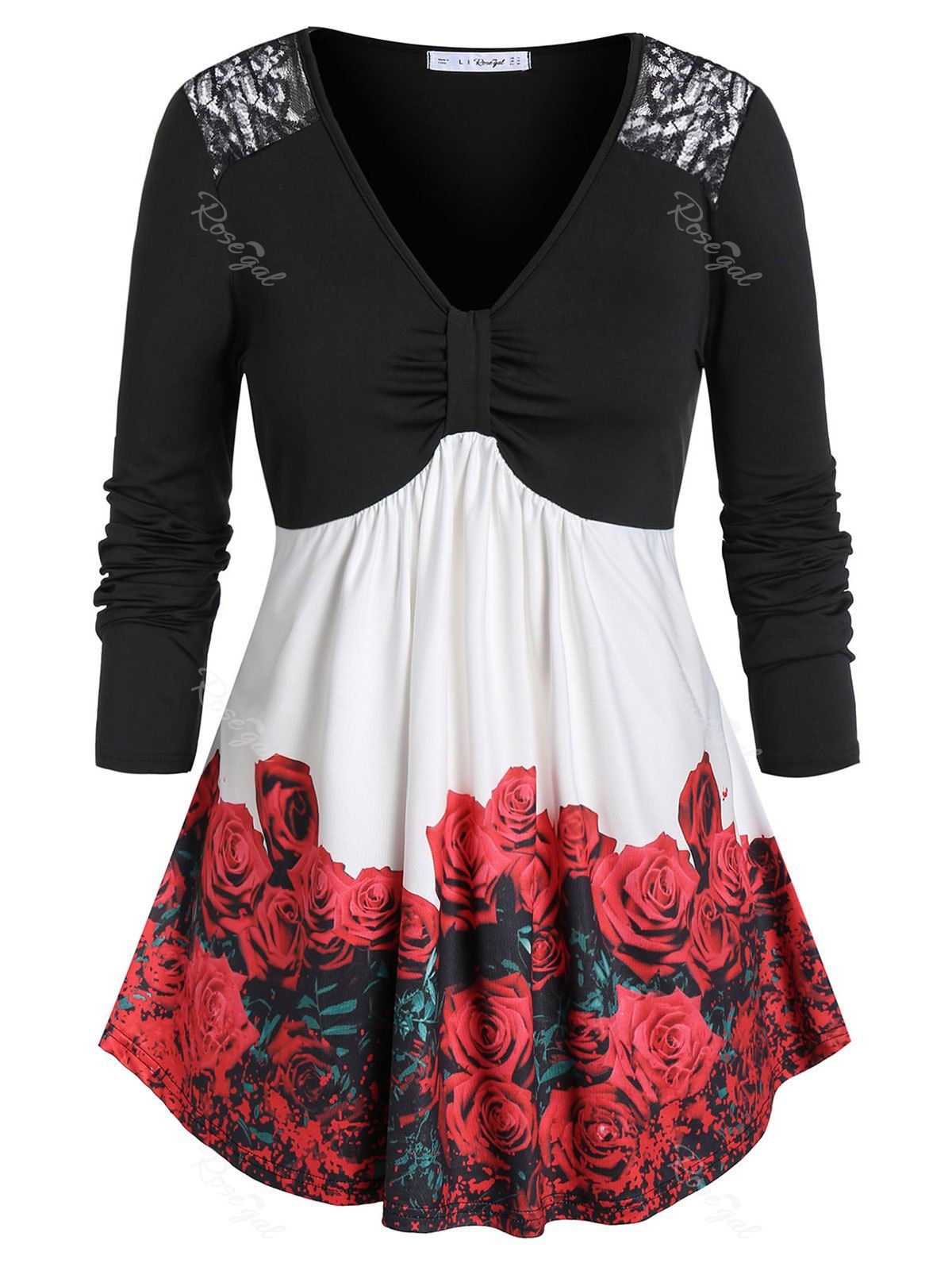

Plus Size Color Block Lace Insert Floral T-shirt, Black