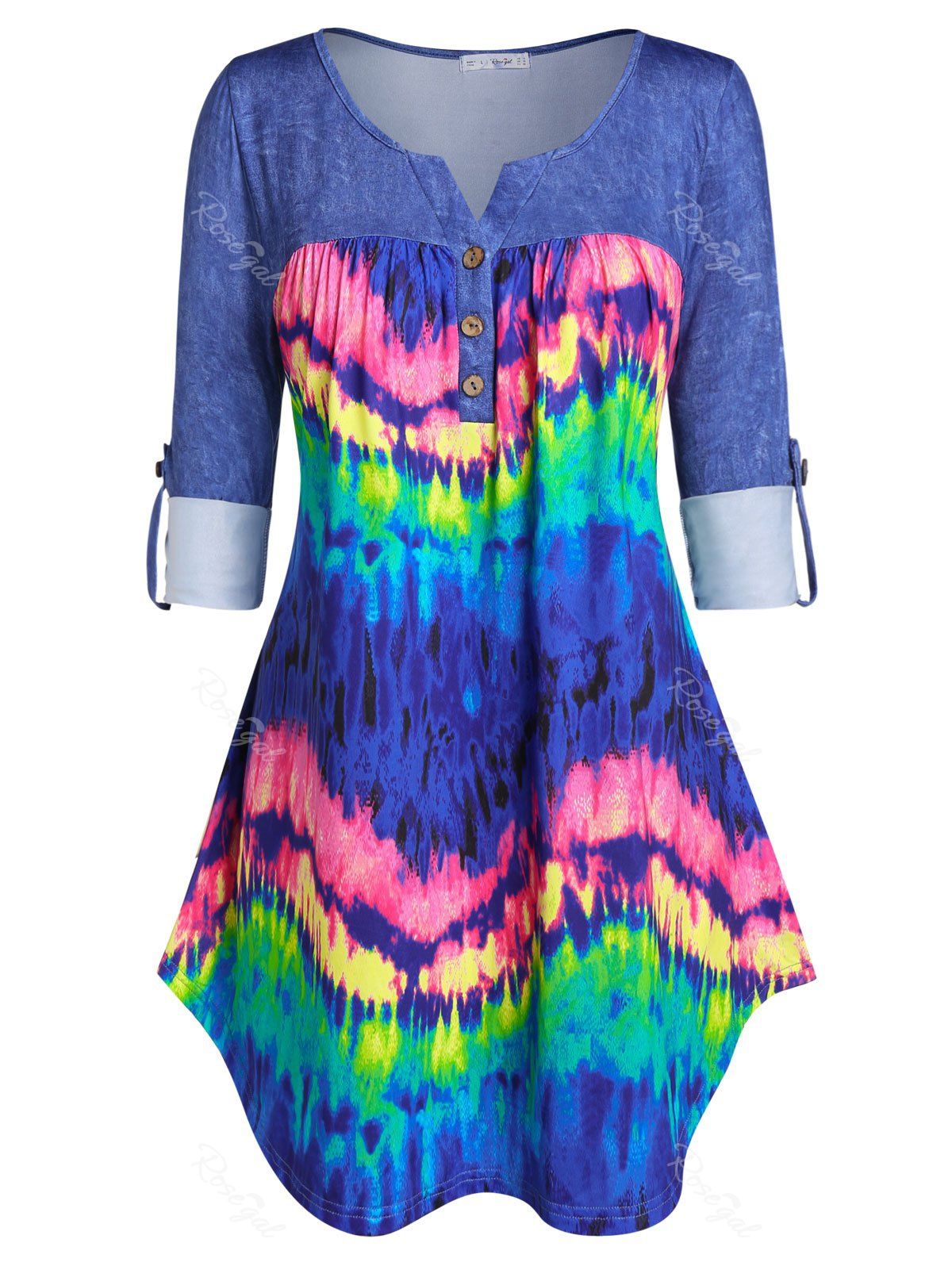 

Plus Size Roll Up Sleeve Tie Dye Long Tunic T-shirt, Cobalt blue
