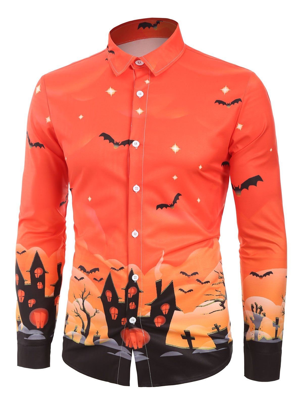 Chemise avec Imprimé Chauve-souris et Maison à Manches Longues Orange Halloween S