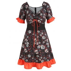 

Plus Size Halloween Skulls Print Flounce Cinched Dress, Black