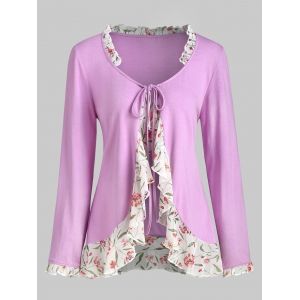 

Floral Panel Tie Front Ruffles Plus Size Top, Purple