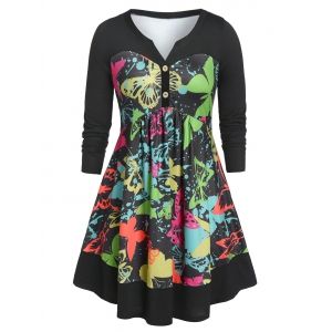 

Plus Size Button Butterfly Print Long Sleeve T Shirt, Black