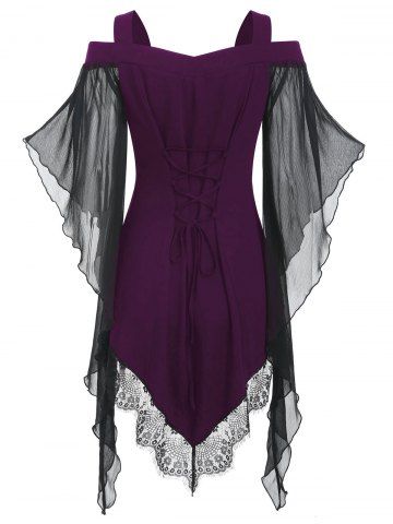 

Criss Cross Lace Panel Cold Shoulder T-shirt, Dark orchid
