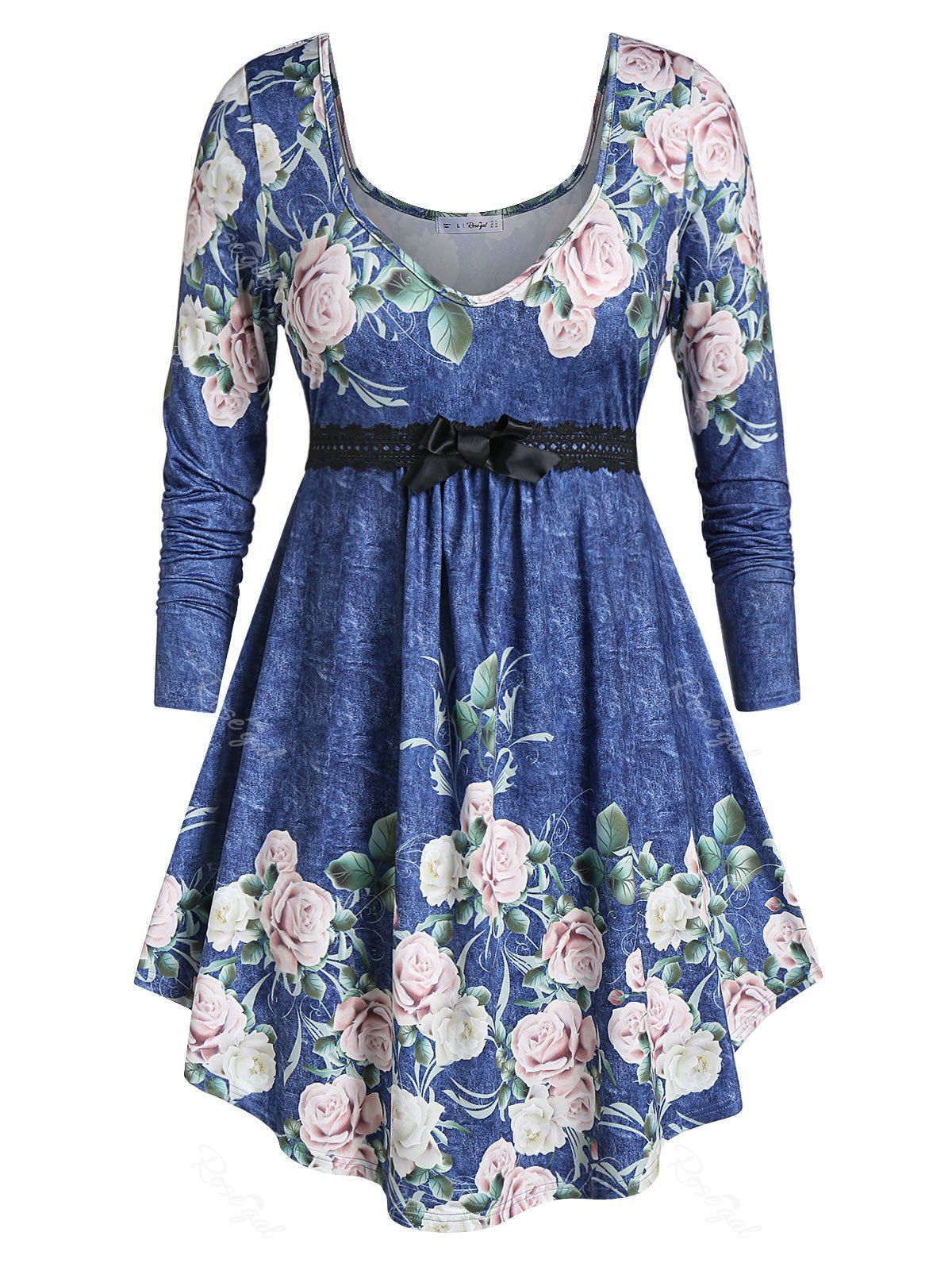 

Plus Size Floral Print Empire Waist T-shirt, Slate blue