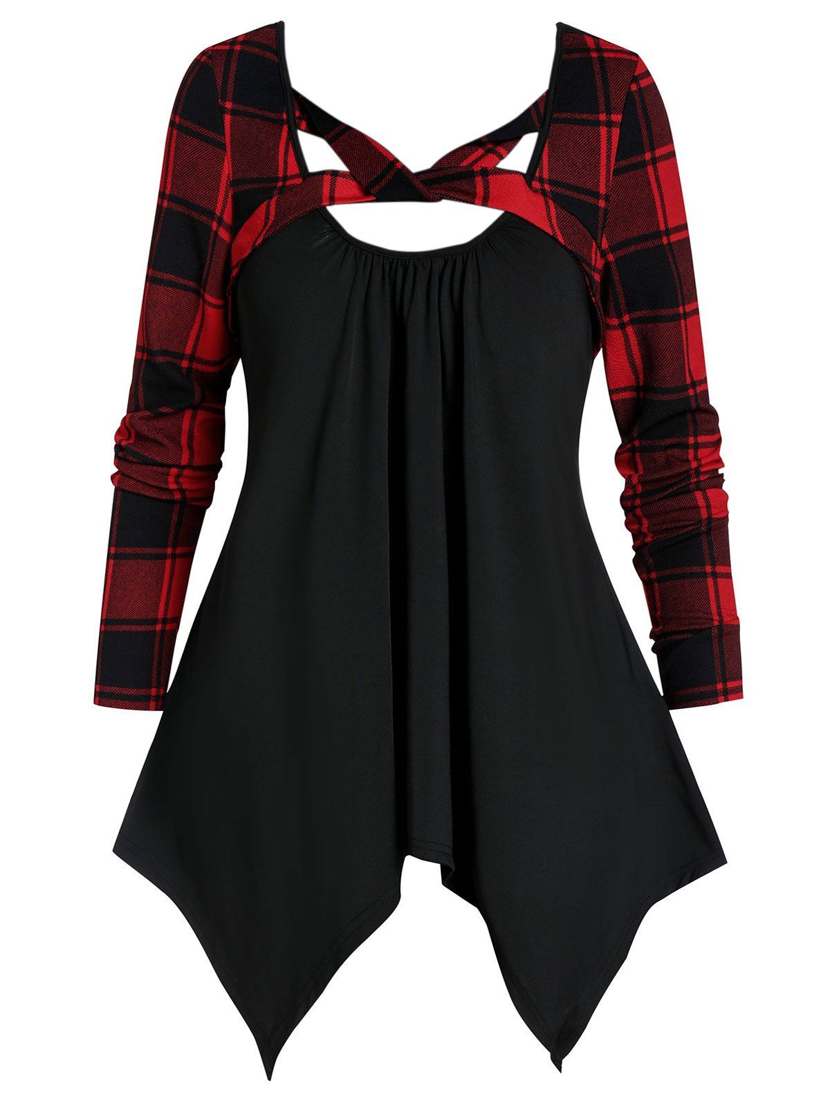 

Plaid Panel Cut Out Asymmetrical T Shirt, Multi-a