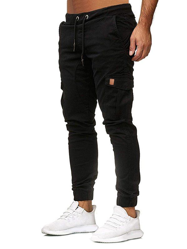 

Solid Color Pocket Decoration Jogger Pants, Black
