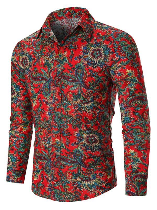 

Allover Paisley Flower Print Button Up Shirt, Red