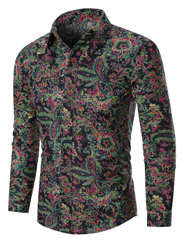 

Allover Paisley Flower Print Button Up Shirt, Black