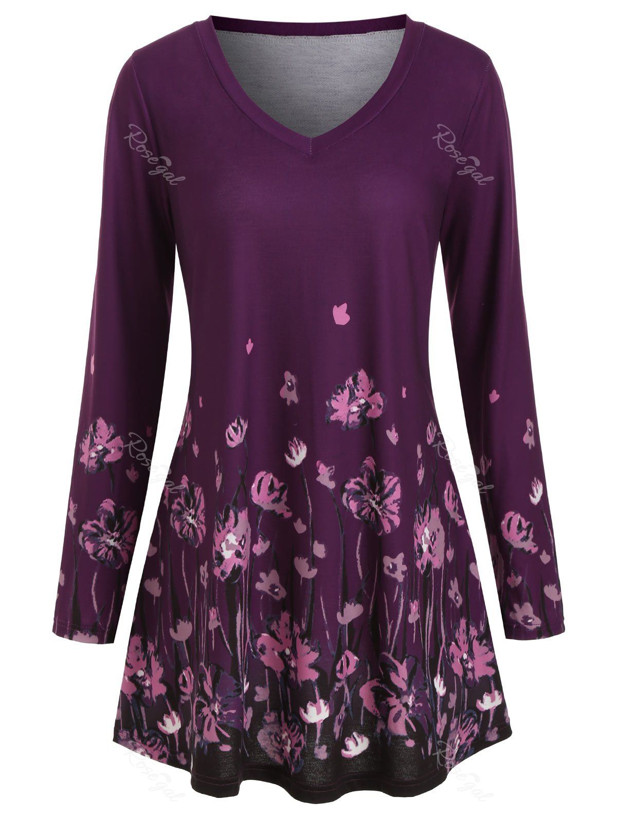 

Long Sleeve Floral V Neck Plus Size Top, Plum velvet