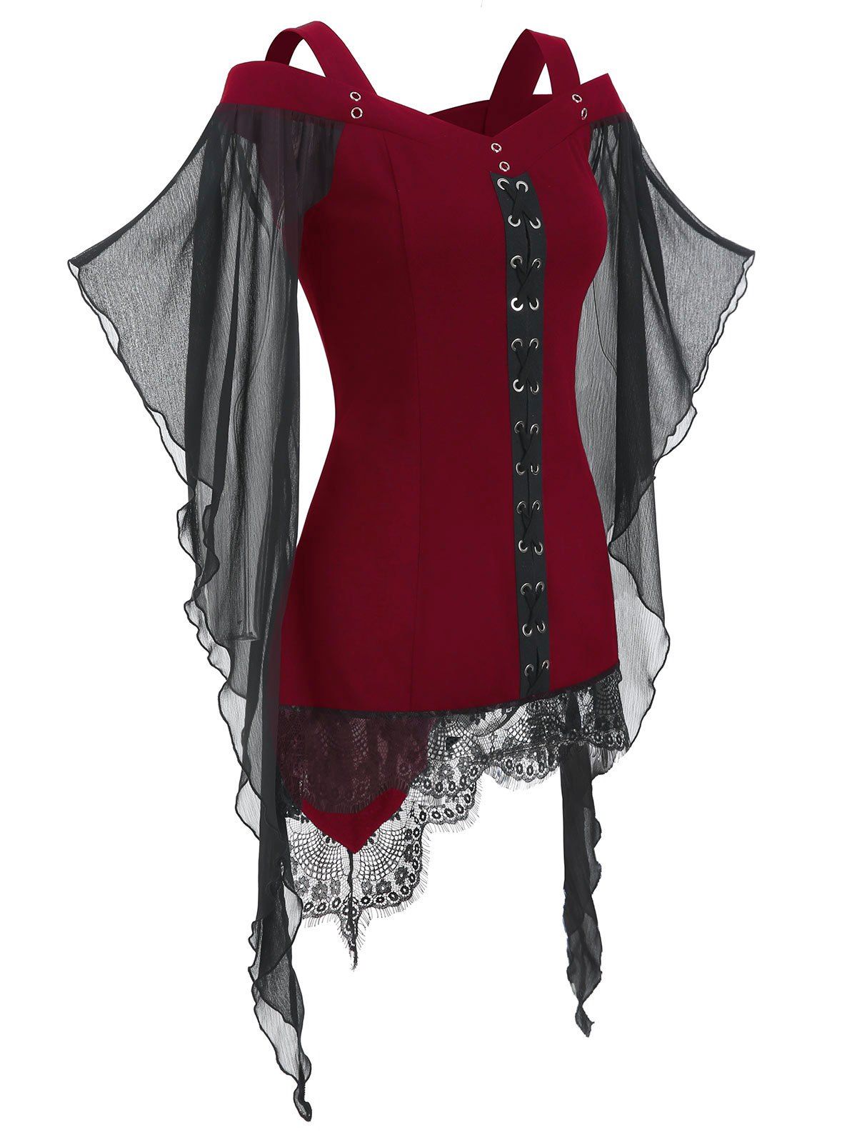 

Criss Cross Lace Panel Cold Shoulder T-shirt, Red wine