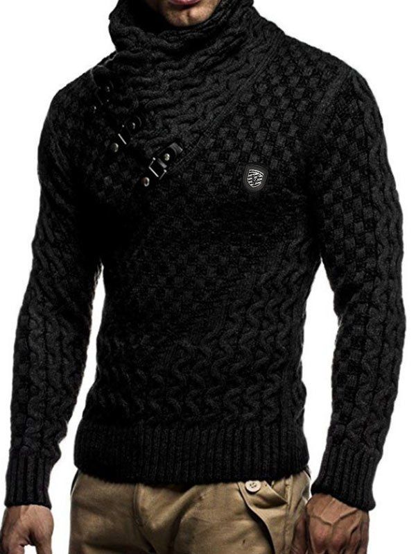 

Casual Buckle Decoration Knitted Sweater, Black