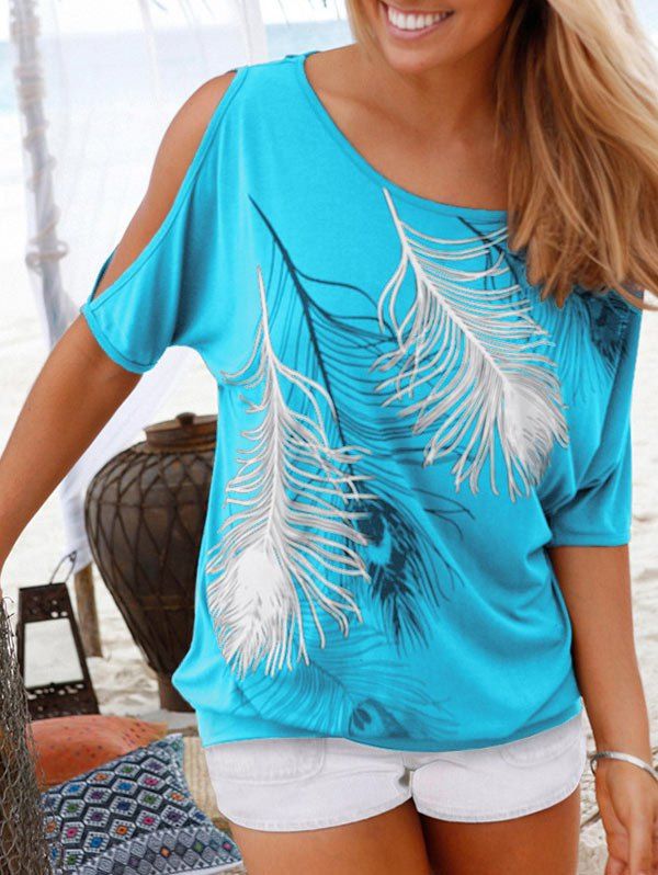 

Peacock Feather Open Shoulder Blouson T-shirt, Celeste