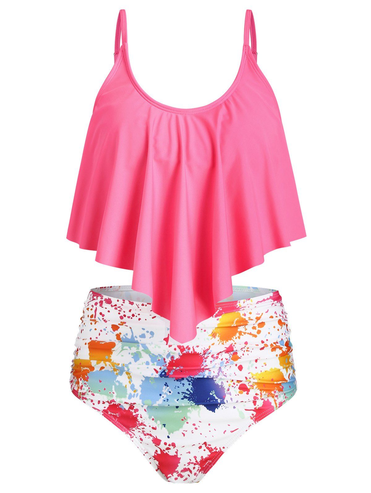 

Splash Tie Dye Overlay Padded Tankini Swimsuit, Rose red
