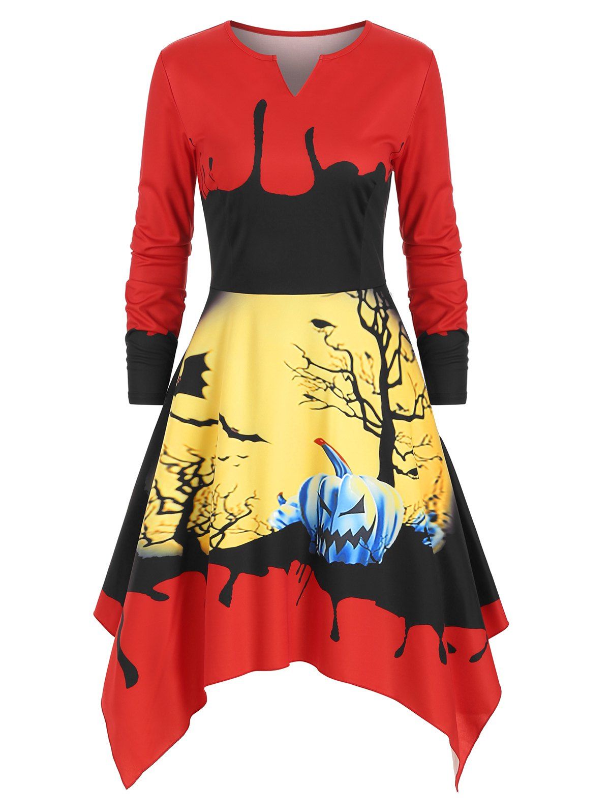 

Pumpkin Graphic Asymmetric Long Sleeves Halloween Dress, Red
