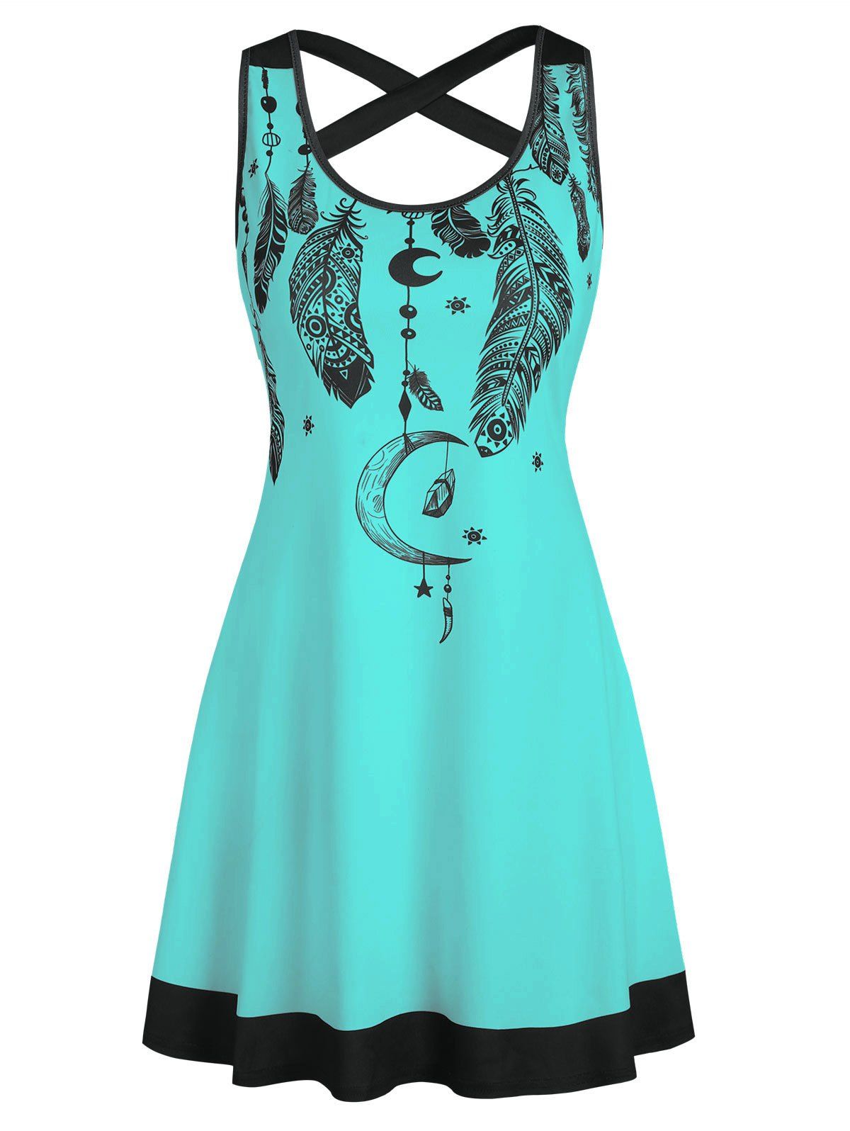 

Feather Print Criss Cross Mini Dress, Macaw blue green