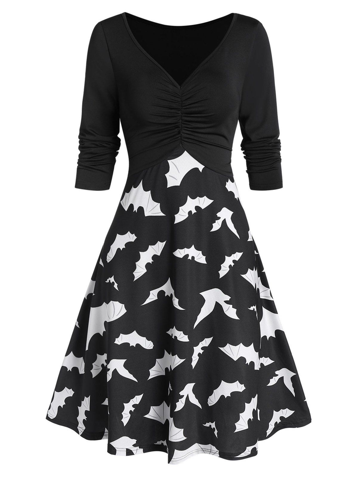 

Bat Print A Line Plunging Neck Dress, Black