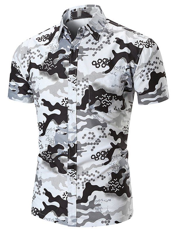 

Hexagon Camouflage Print Pocket Button Up Shirt, White