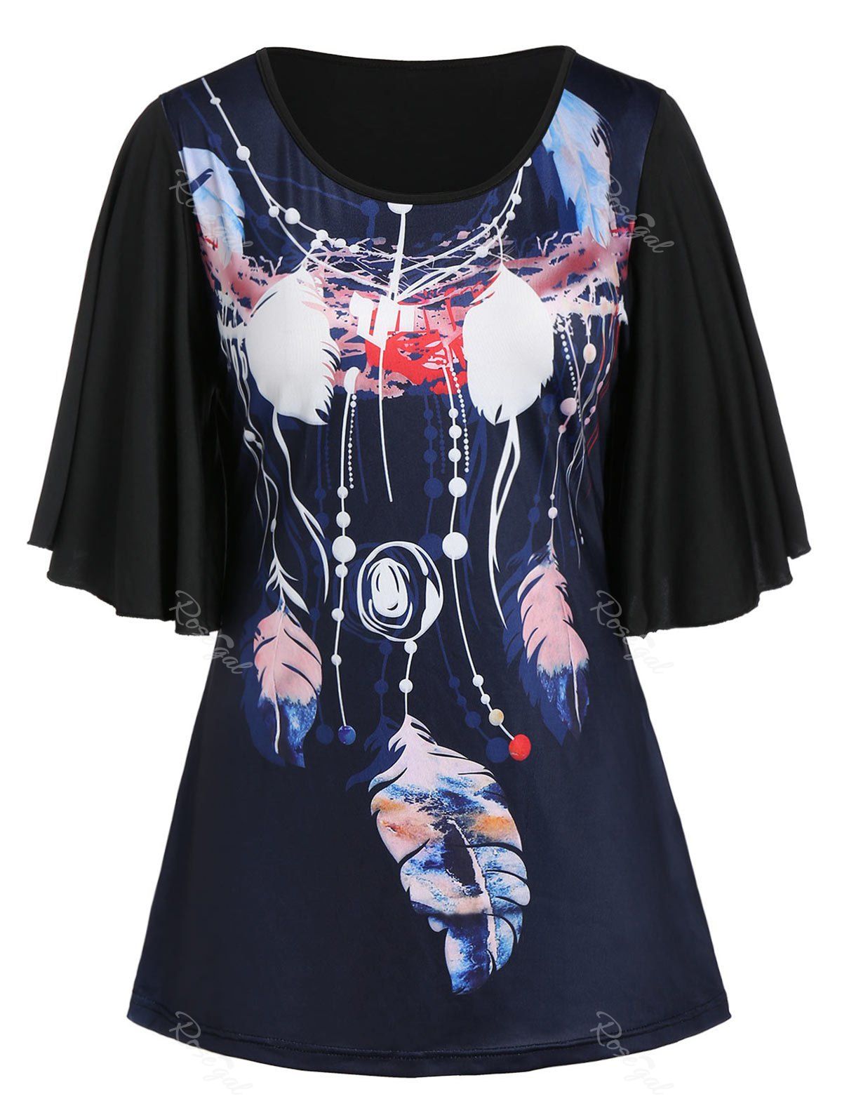 

Plus Size Half Sleeve Feather Print Tunic T Shirt, Black