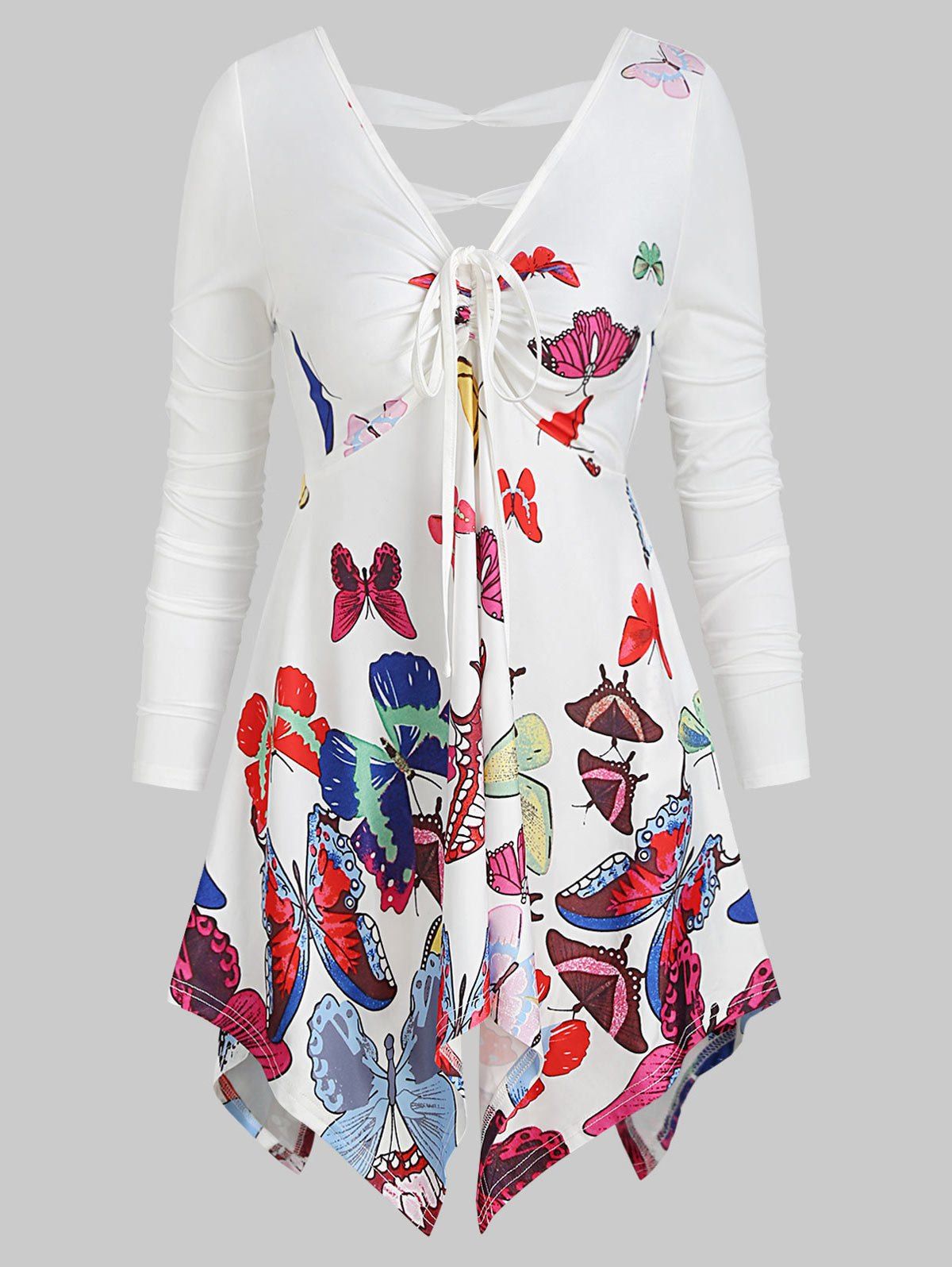 

V Neck Butterfly Print Asymmetrical T Shirt, Multi-a