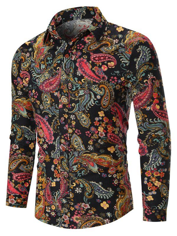 

Paisley Tiny Flower Print Button Up Shirt, Black