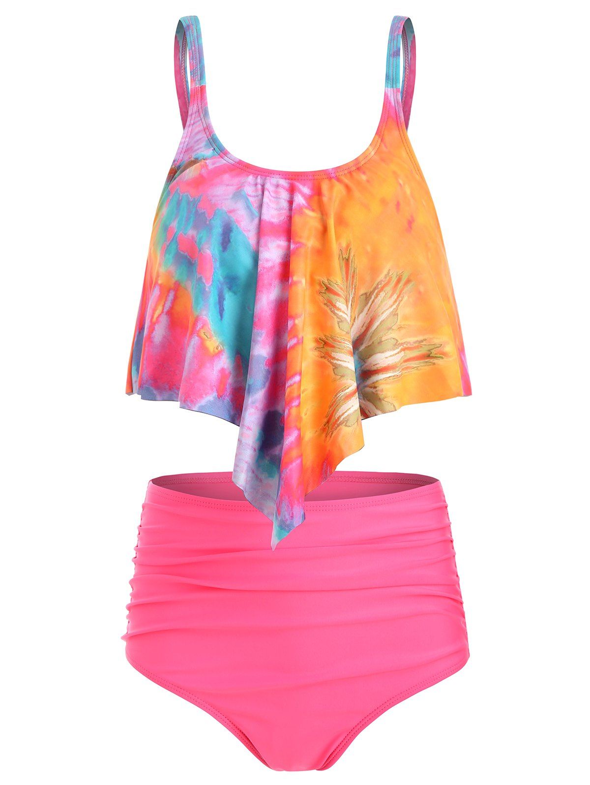 

Tie Dye Overlay U Neck Tankini Swimsuit, Multi-a
