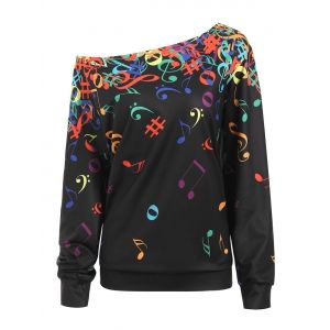 

Plus Size Music Nots Print Skew Neck Graphic Sweatshirt, Black