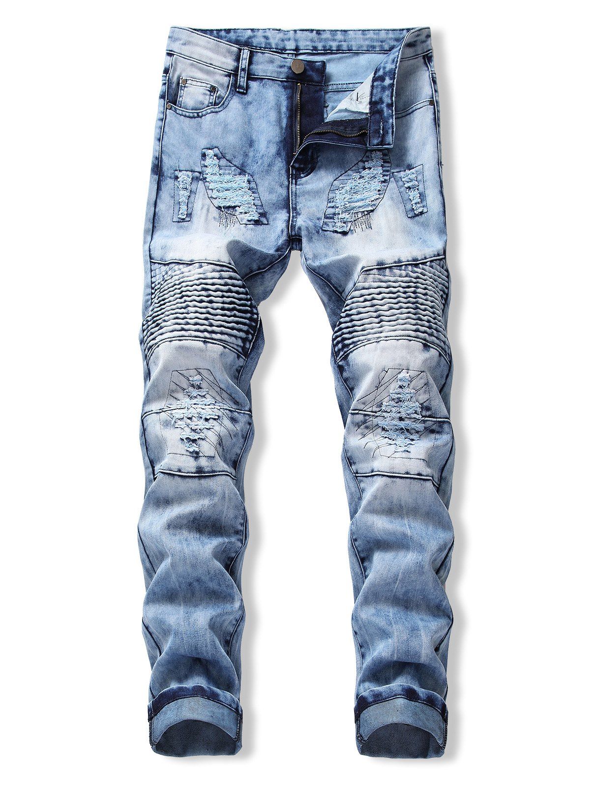 

Drape Panel Ripped Design Flanging Jeans, Denim blue
