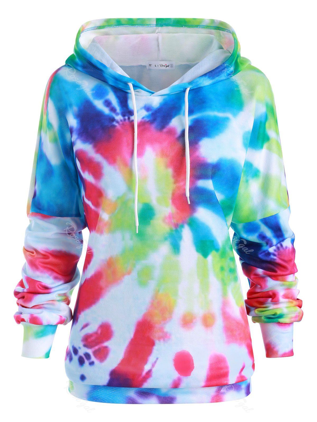 

Plus Size Rainbow Spiral Tie Dye Print Tunic Hoodie, Multi