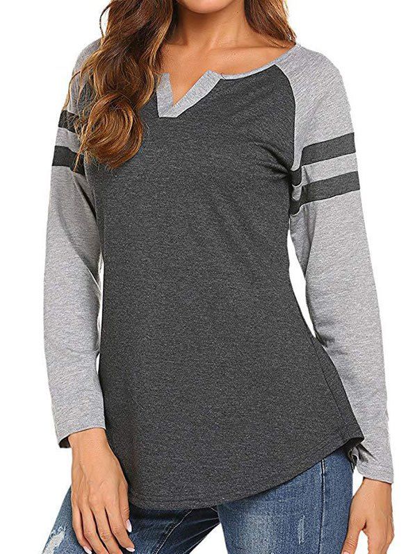 

V-notch Striped-detail Raglan Sleeve Tunic Top, Gray