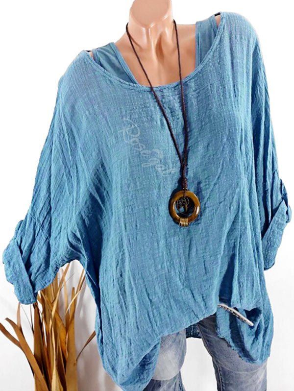 

Plus Size Roll Up Sleeve Drop Shoulder Blouse, Silk blue