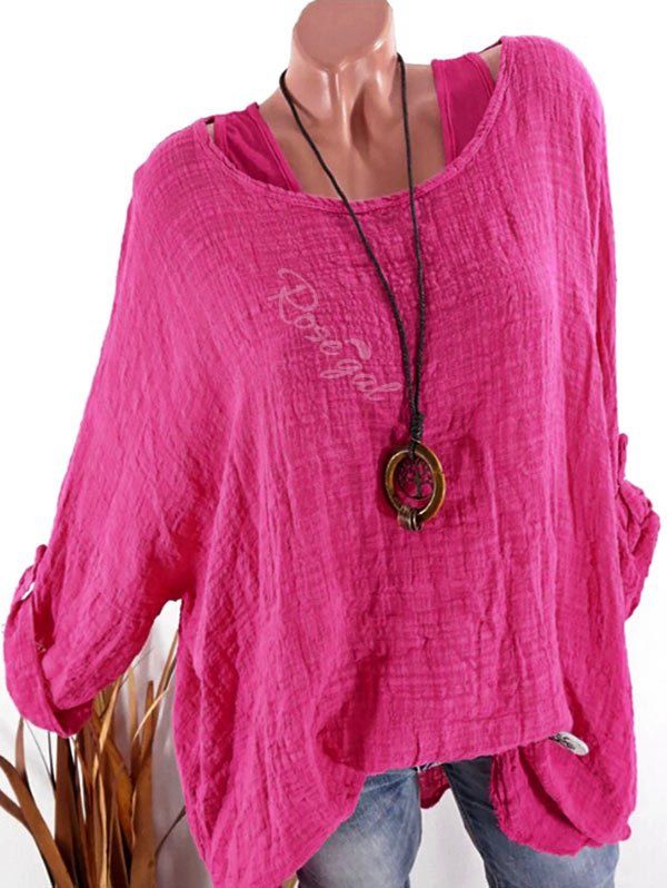 

Plus Size Roll Up Sleeve Drop Shoulder Blouse, Rose red