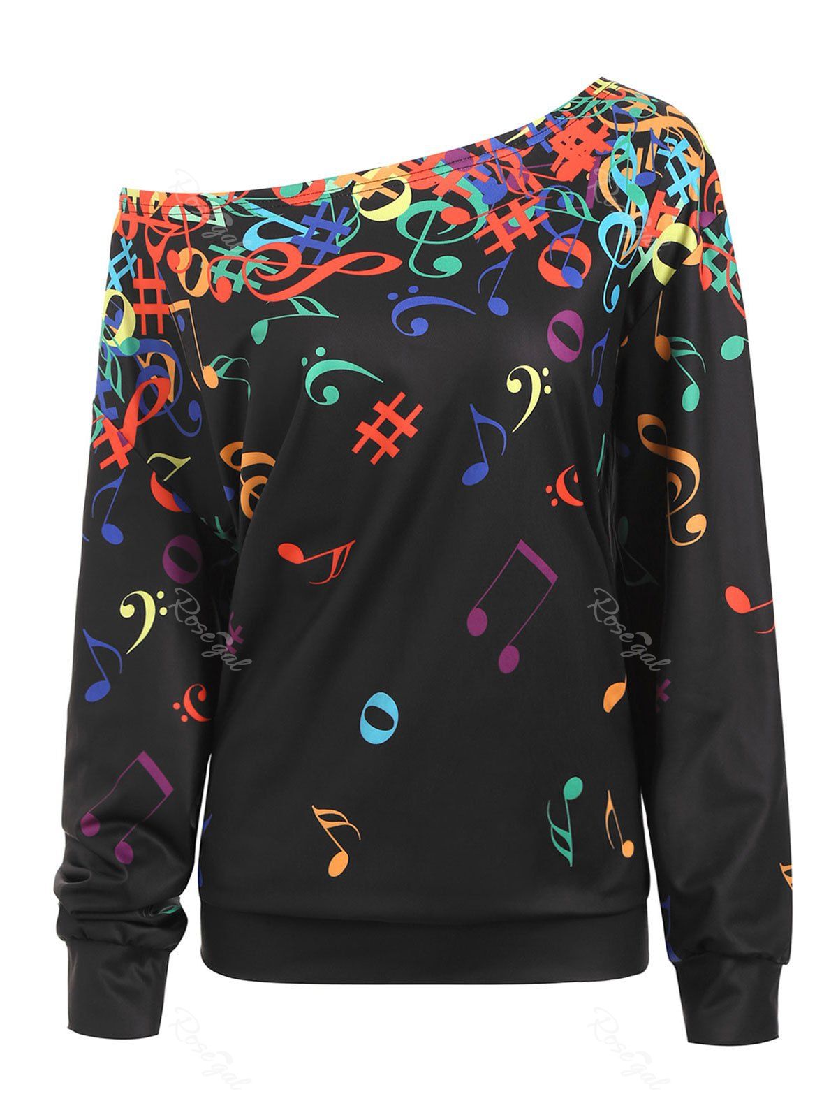 

Plus Size Music Nots Print Skew Neck Graphic Sweatshirt, Black