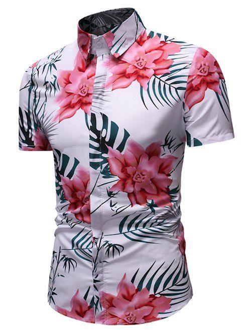 

Tropical Leaf Floral Print Button Up Shirt, Pink